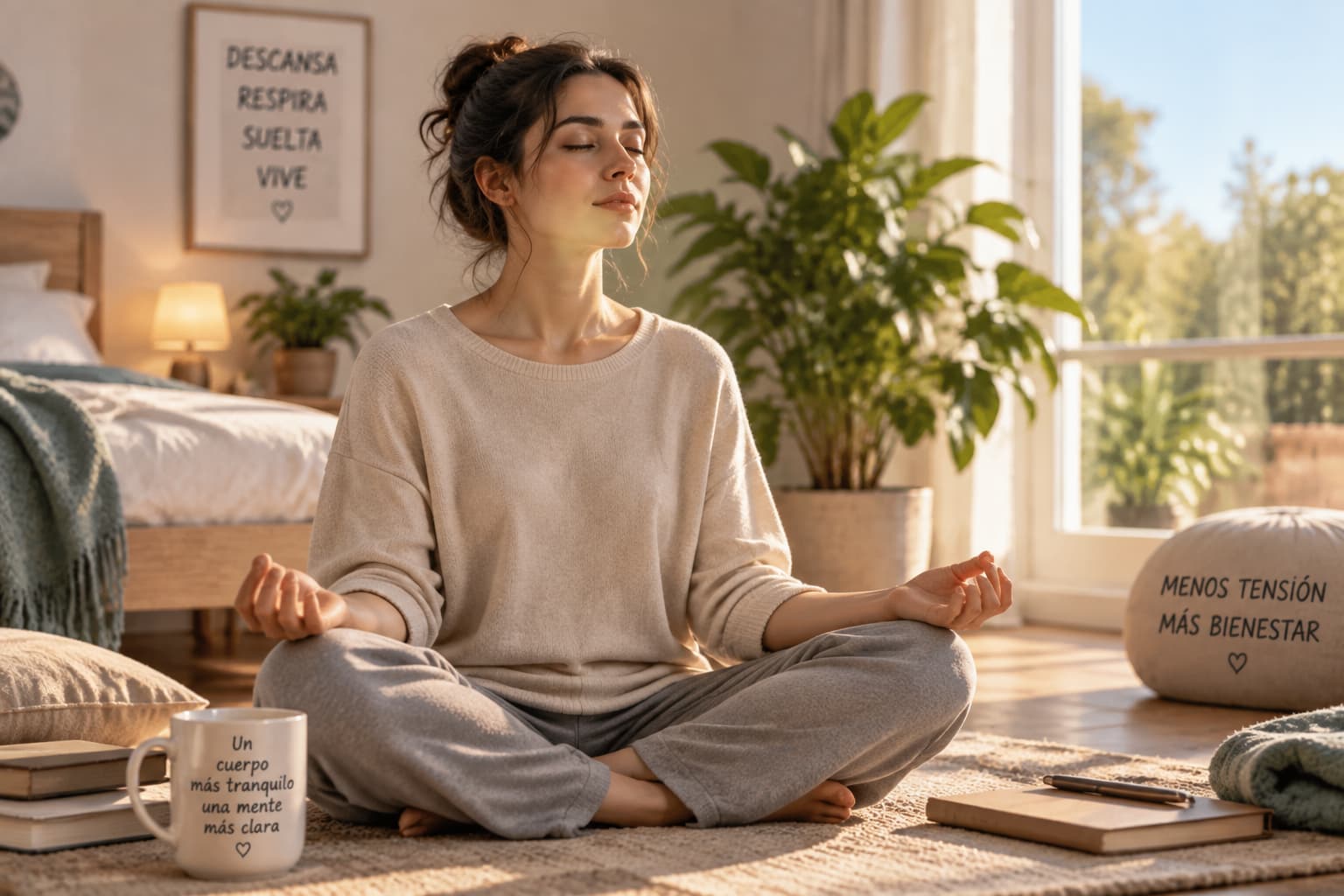 Mujer meditando sentada en el suelo de su dormitorio con luz natural