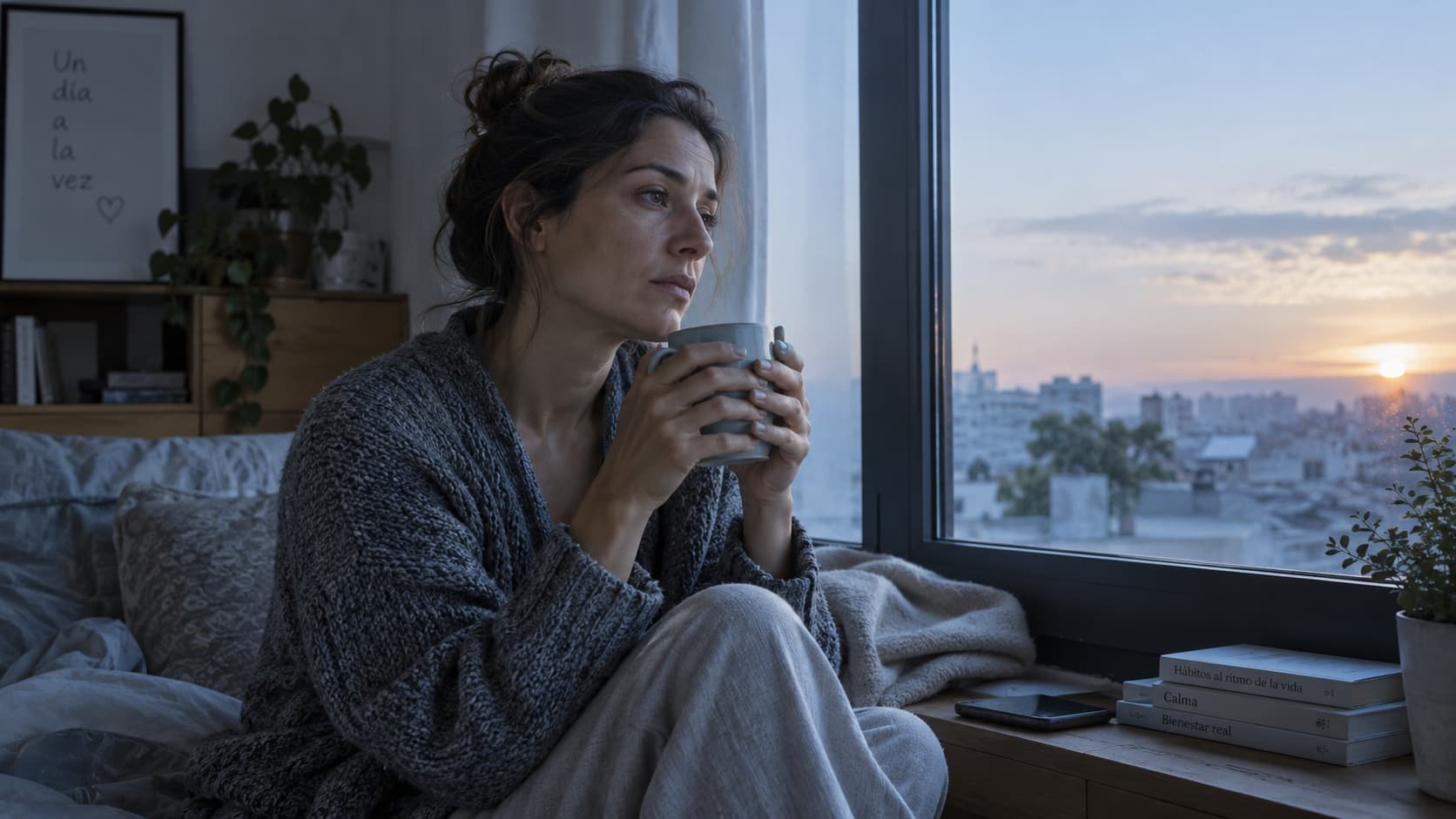 Mujer cansada sentada junto a la ventana al amanecer con una taza entre las manos