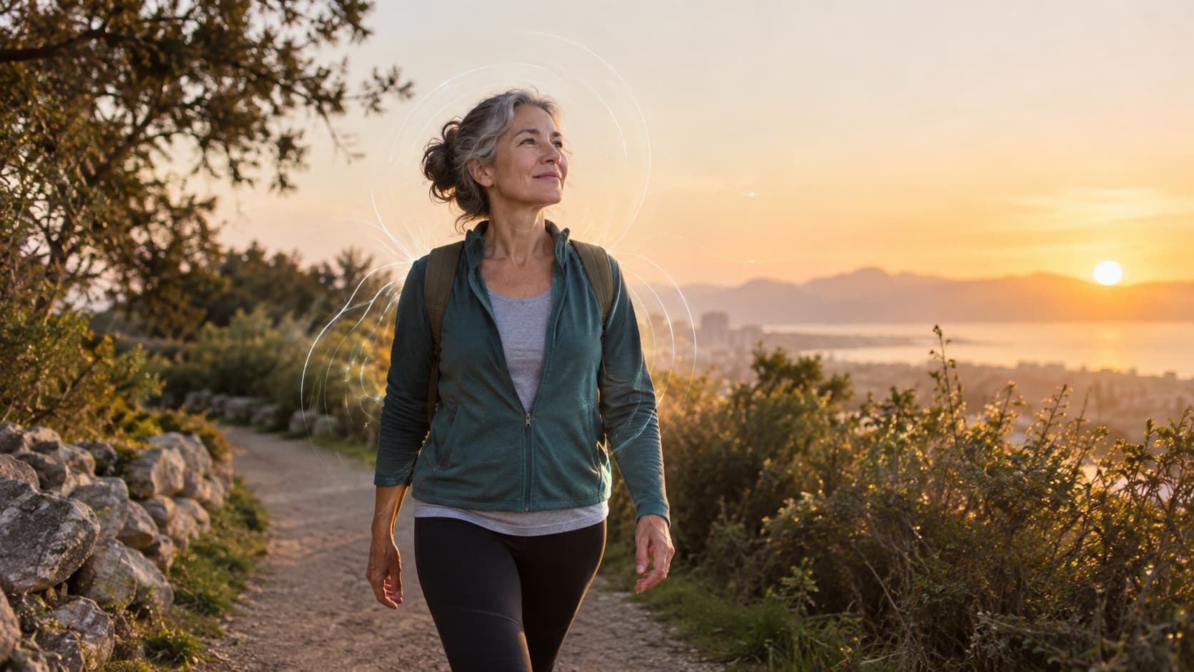 Mujer madura caminando por un sendero junto al mar al atardecer